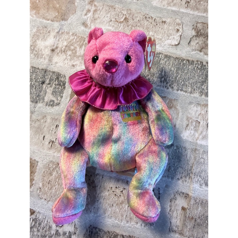 Ty‎ Birthday Beanies Collection January Garnet Bear Rainbow Tie Dye Plush 8.5"